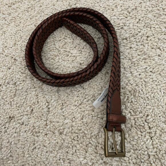 Lands’ End Leather Belt Mens Sz 42 Brown Braided Brass Buckle Adjustable - Picture 1 of 8